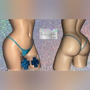 EXOTIC/ STRIPPER/ RAVE WEAR:BEDAZZLED 1 PIECE THONG & NIPPLE COVER SET